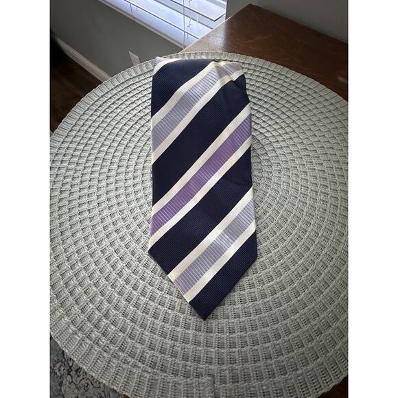 EUC PAUL FREDRICK 100% Silk Handmade Tie Navy Lavender Lilac Purple Striped - Picture 1 of 4